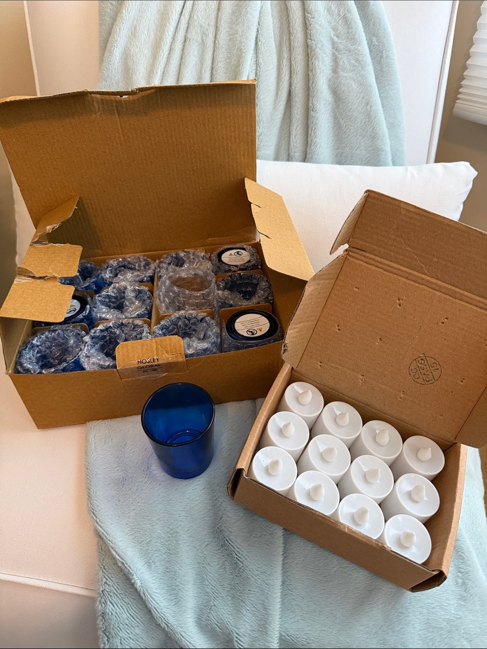 Set of Cobalt Blue Glass Votives with 8 Blue LED Tea Lights
